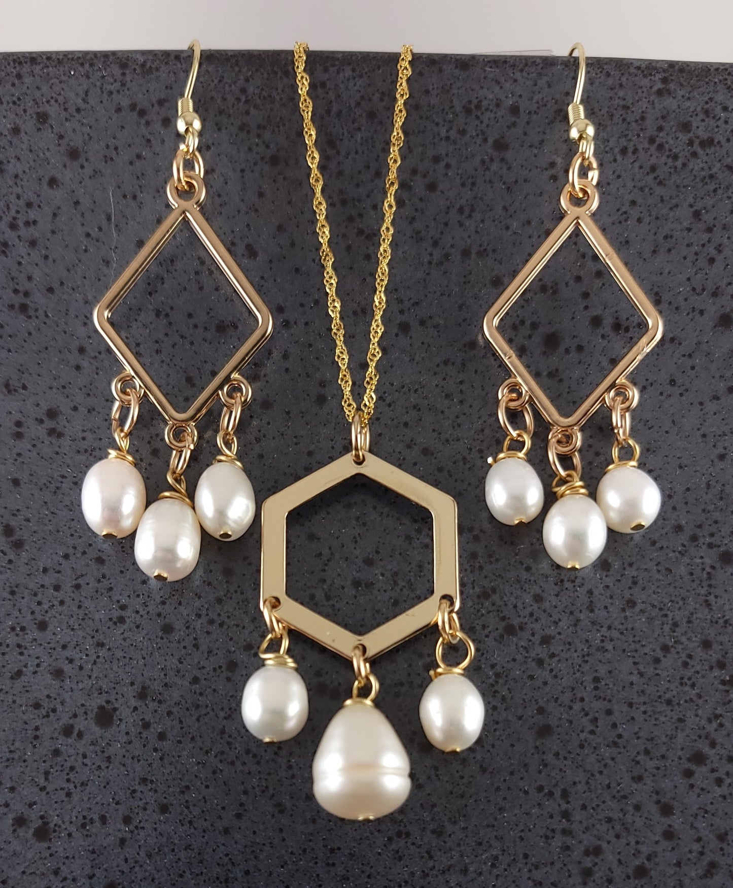 Modern Geometric Pearl Necklace, Earring set