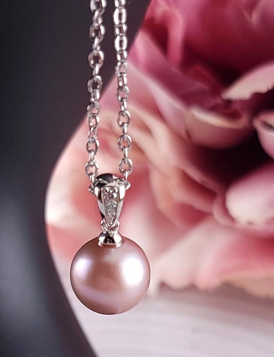 Lustrous Pinkish Lavender Pearl and CZ Pendant
