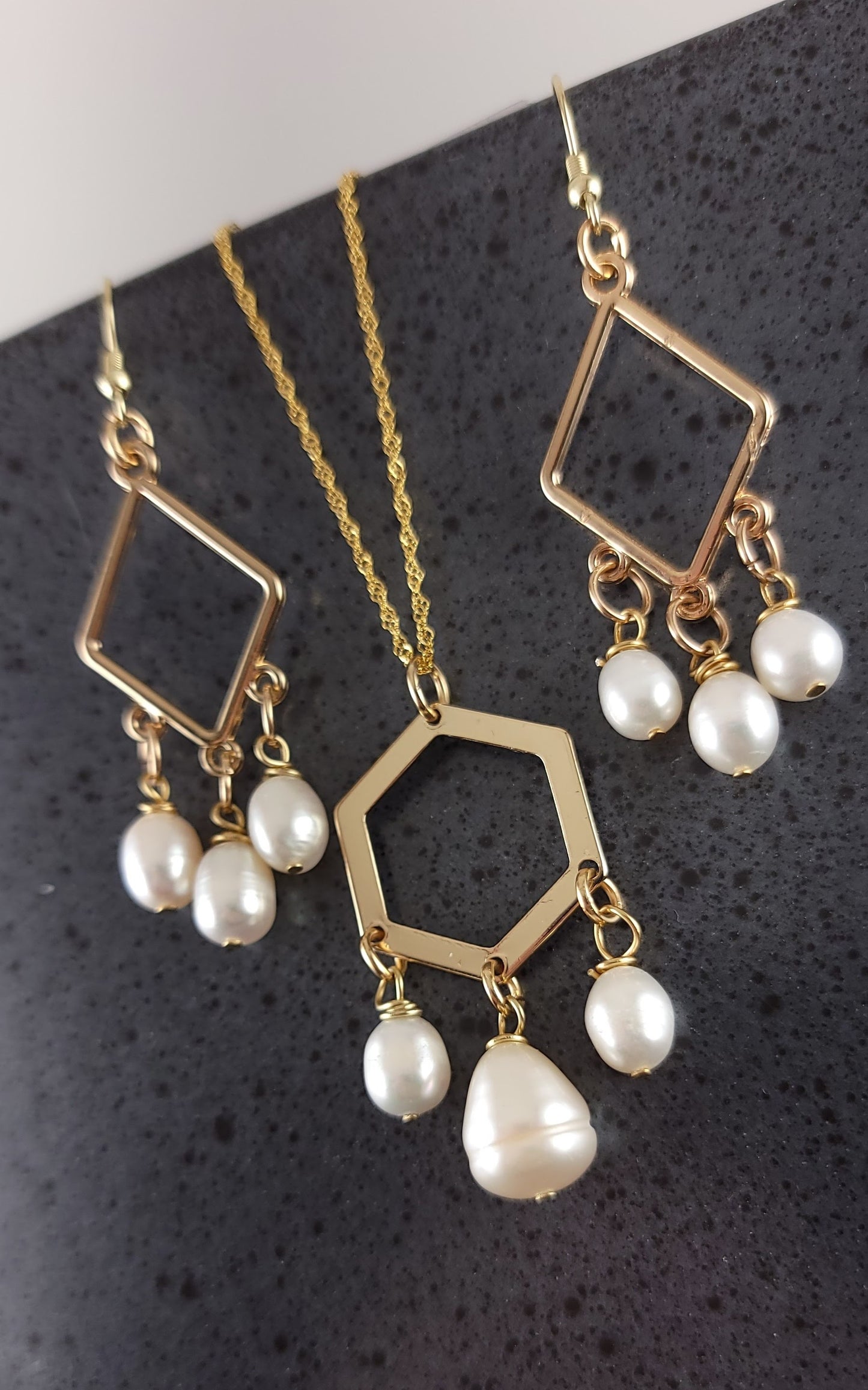 Modern Geometric Pearl Necklace, Earring set