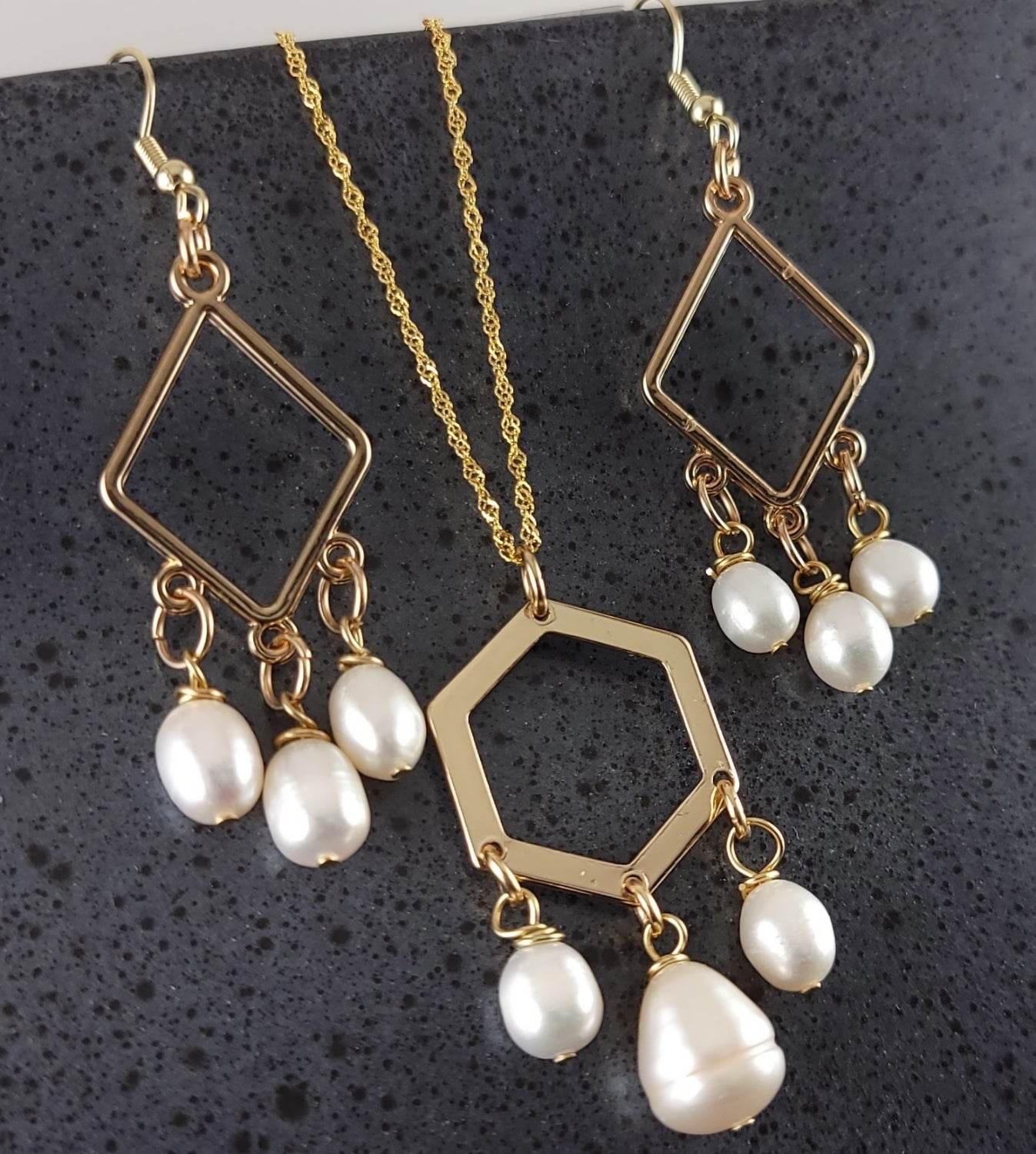 Modern Geometric Pearl Necklace, Earring set